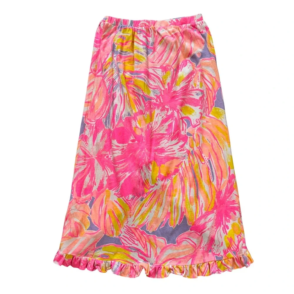 Lilly Pulitzer Girls Pink Tropical Palm High-Low Maxi Skirt Crop Top Set L 8-10